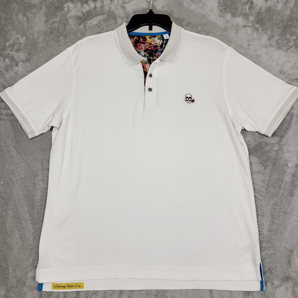 Robert Graham Men's Large White Short Sleeve Golf Polo 100% Cotton Skull Logo